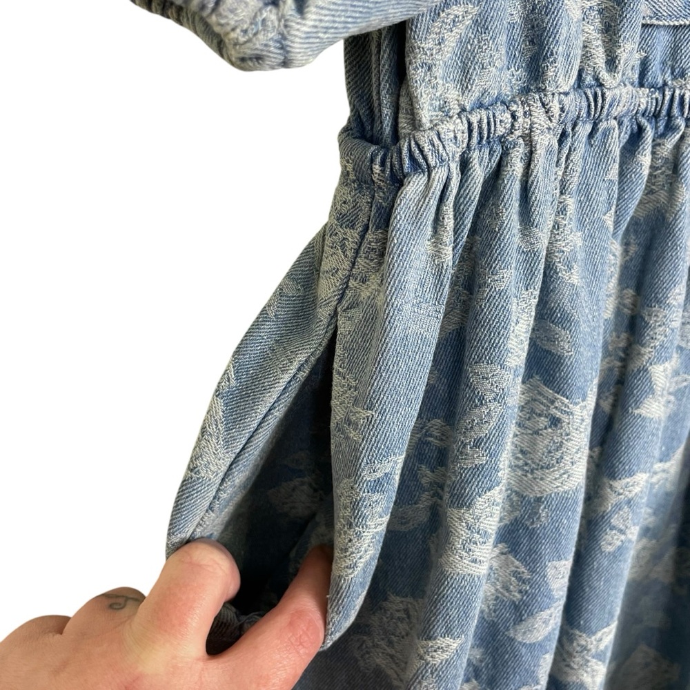 Miou Muse Denim + Roses Bow Front A-Line Mini Dress Puff Sleeves Blue Size S - Picture 8 of 13